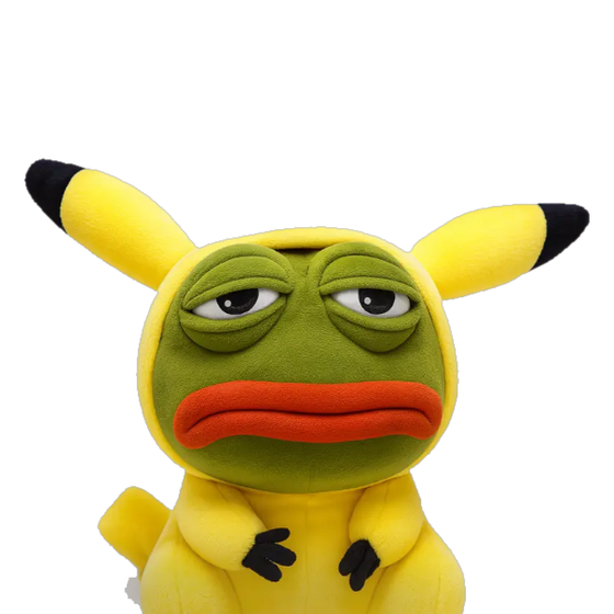 Pepe plush toy wearing a Pikachu hoodie